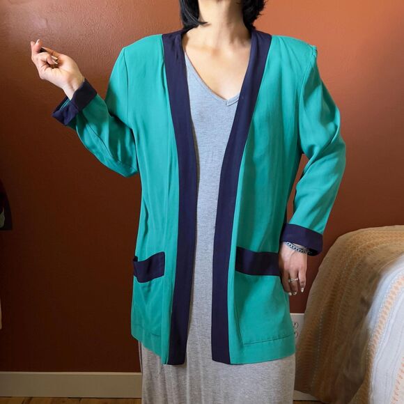 vtg 80s color blocked green open front blazer size 14 made in USA casual - Picture 8 of 12